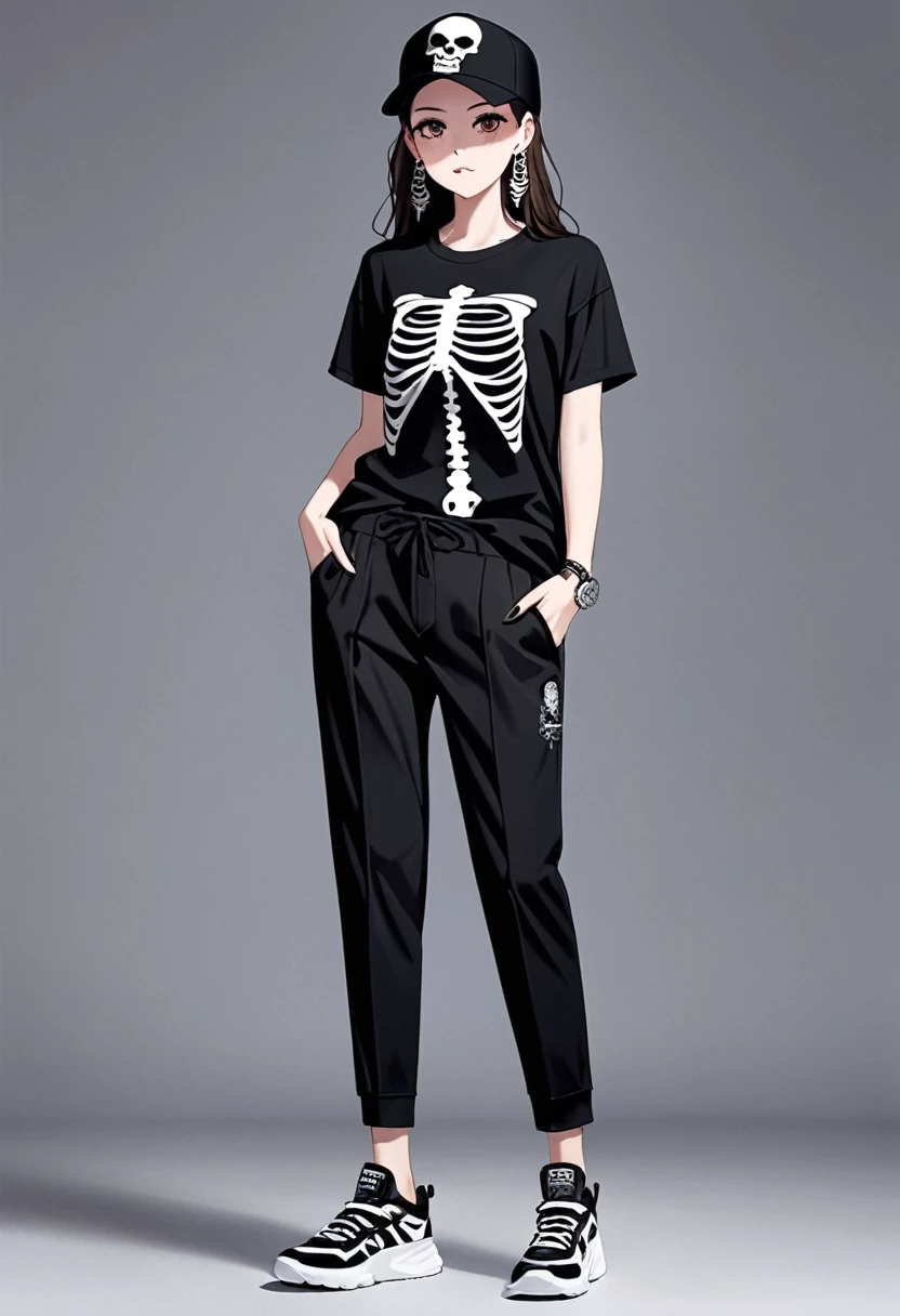 prompt a woman with a black t-shirt with a skeleton and black pants and branded shoes and who has a cap and who is beautiful full body