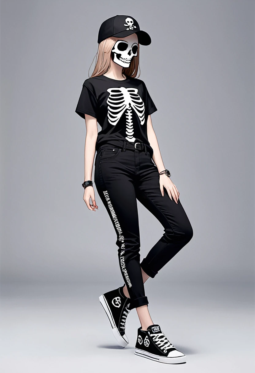 prompt a woman with a black t-shirt with a skeleton and black pants and branded shoes and who has a cap and who is beautiful full body