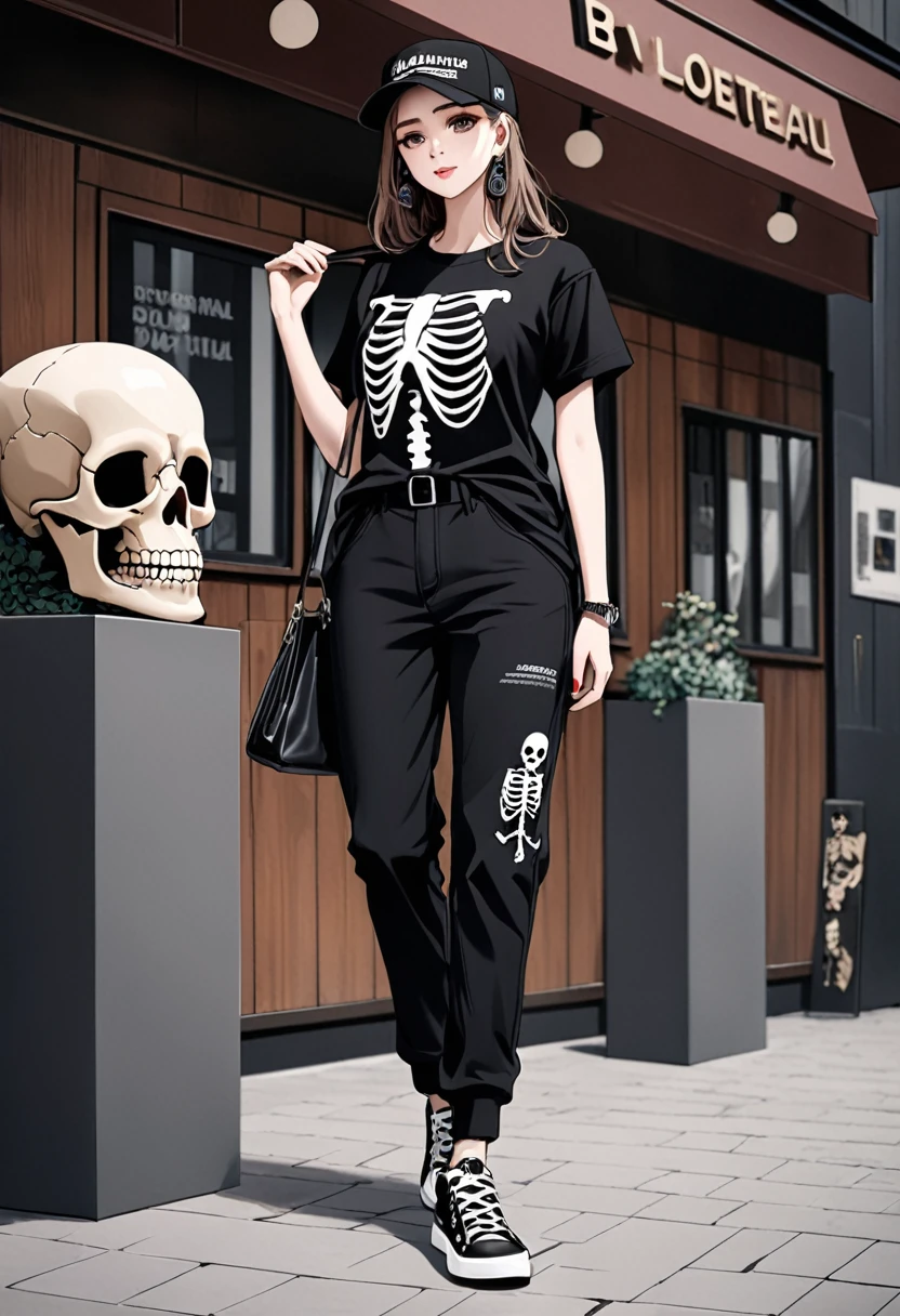 prompt a woman with a black t-shirt with a skeleton and black pants and branded shoes and who has a cap and who is beautiful full body