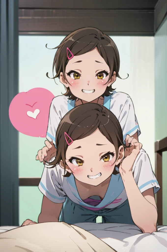 ,12yo,(petite), 1girl, looking at viewer, , hazuki katou,,,, ,my room,,blush,(spoken heart),,medium breasts,leaning forward,(evil smile,grin)