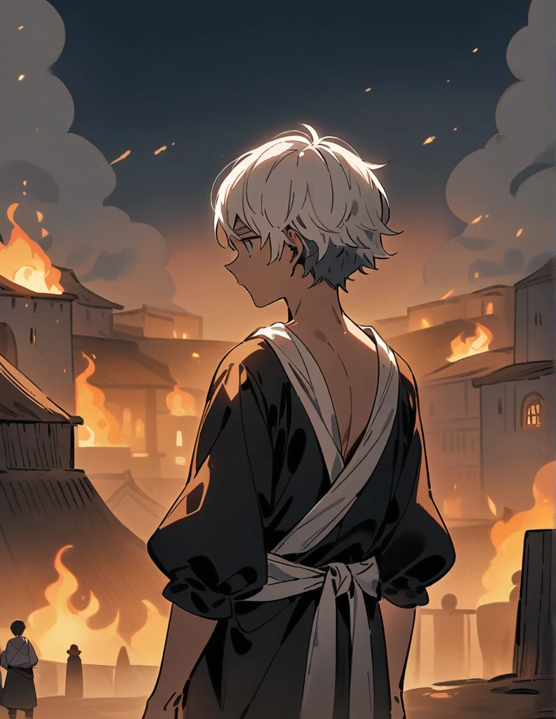 small Greek boy with white hair, wearing peasant clothes, with his back turned, in front of his village that is being burned