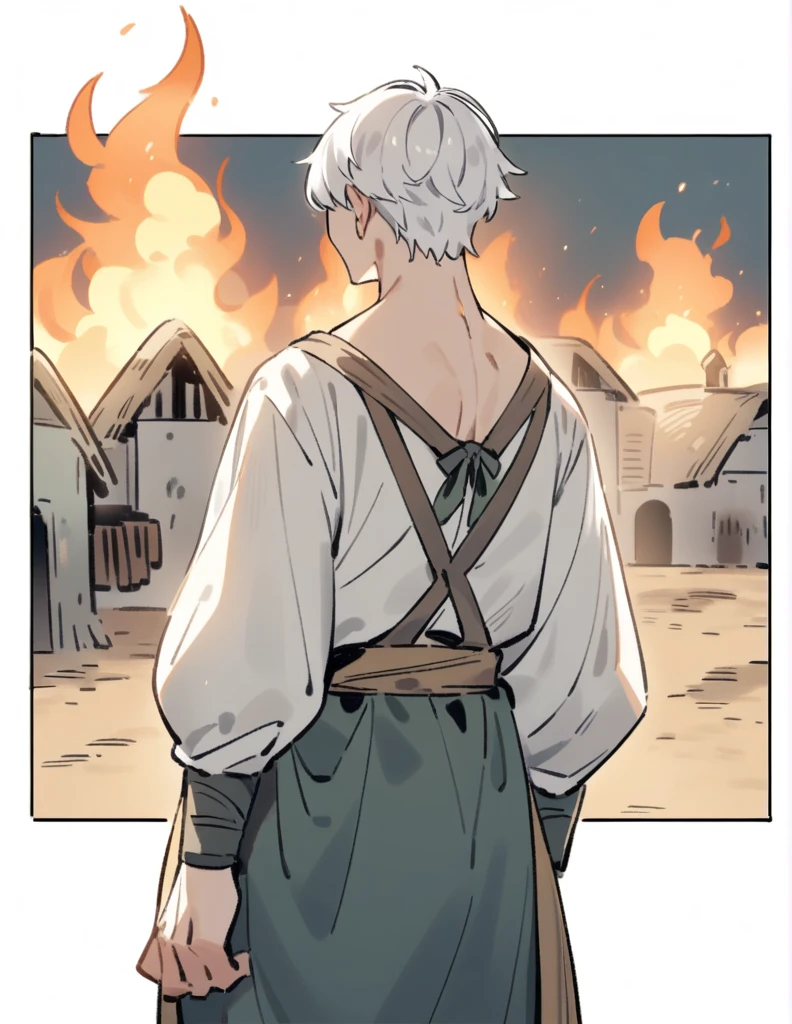 small Greek boy with white hair, wearing peasant clothes, with his back turned, in front of his village that is being burned
