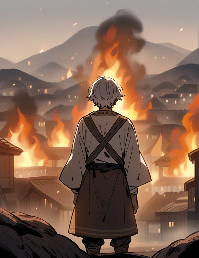 small Greek boy with white hair, wearing peasant clothes, with his back turned, in front of his village that is being burned