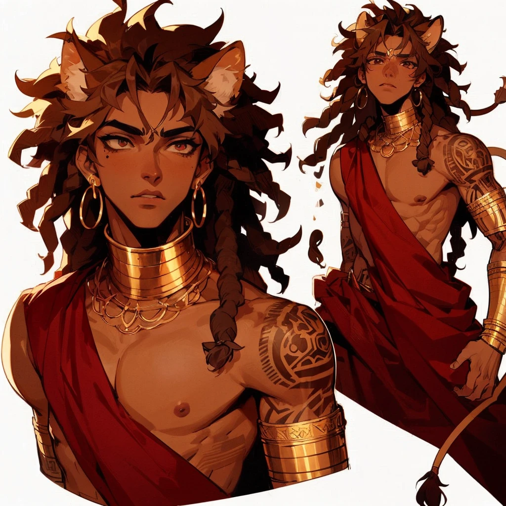 line-less manga style, anime, semi realistic, Baroque Anime Art Style, Male, African American, Lion ears and tail, tribal sandy brown locs, Straight Nose, Full Lips, Thick Full Hair, Deep-Set half-lidded cat like Eyes, strong angular jawline, Arabian drapery red fabric, tribal pride tattoos, Golden neck armor, golden wrist guards, golden arm jewelry, Greek aesthetic, Arabian clothing
