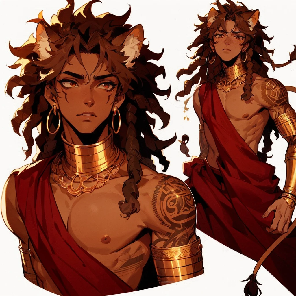 line-less manga style, anime, semi realistic, Baroque Anime Art Style, Male, African American, Lion ears and tail, tribal sandy brown locs, Straight Nose, Full Lips, Thick Full Hair, Deep-Set half-lidded cat like Eyes, strong angular jawline, Arabian drapery red fabric, tribal pride tattoos, Golden neck armor, golden wrist guards, golden arm jewelry, Greek aesthetic, Arabian clothing
