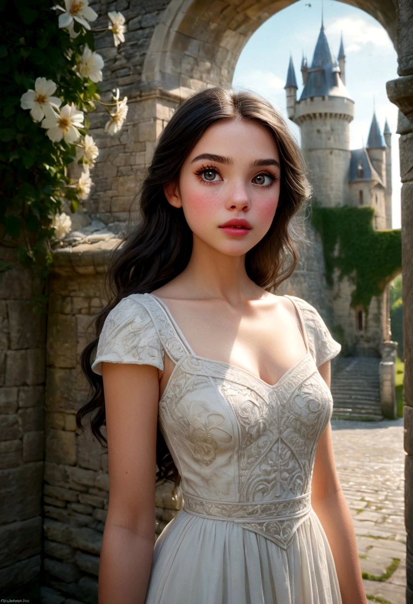 a girl with beautiful detailed eyes, beautiful detailed lips, extremely detailed face, long eyelashes, dark hair, wearing a white dress, walking in a castle garden, beautiful flowers, lush greenery, sunlight filtering through trees, ornate stone walls, fantasy castle architecture, muted color palette, atmospheric lighting, photorealistic, 8k, best quality, highly detailed