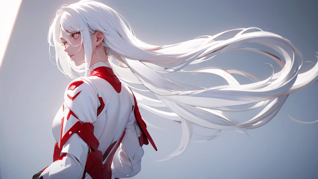 1 Girl, medium light white hair, light white eyes, wearing Red Suit 4D , night TOWN 18+, high res, ultrasharp, 8K, masterpiece, looking from behind