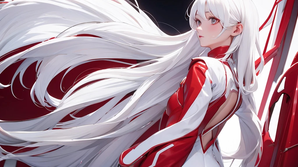 1 Girl, medium light white hair, light white eyes, wearing Red Suit 4D , night TOWN 18+, high res, ultrasharp, 8K, masterpiece, looking from behind