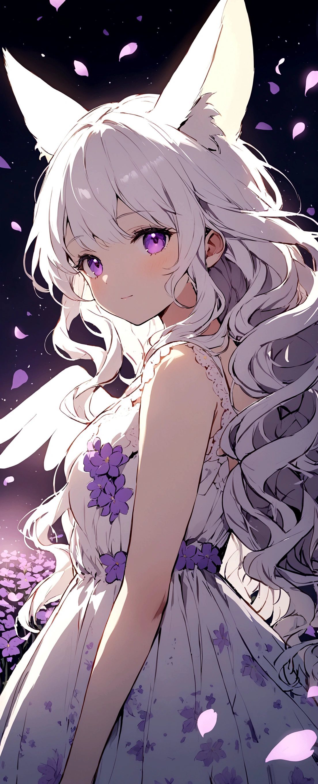 Wink,Long Wavy Hair,White hair is very attractive, Detailed and precise manual work, Attractive girl, White cat ears,Purple eyes and white eyelashes,light in your eyes,Big angel wings,Great light,A subject that stands out in a flower field, Petals flutter,A delicate white dress with purple floral print, Hand-drawn illustration,Wide background,