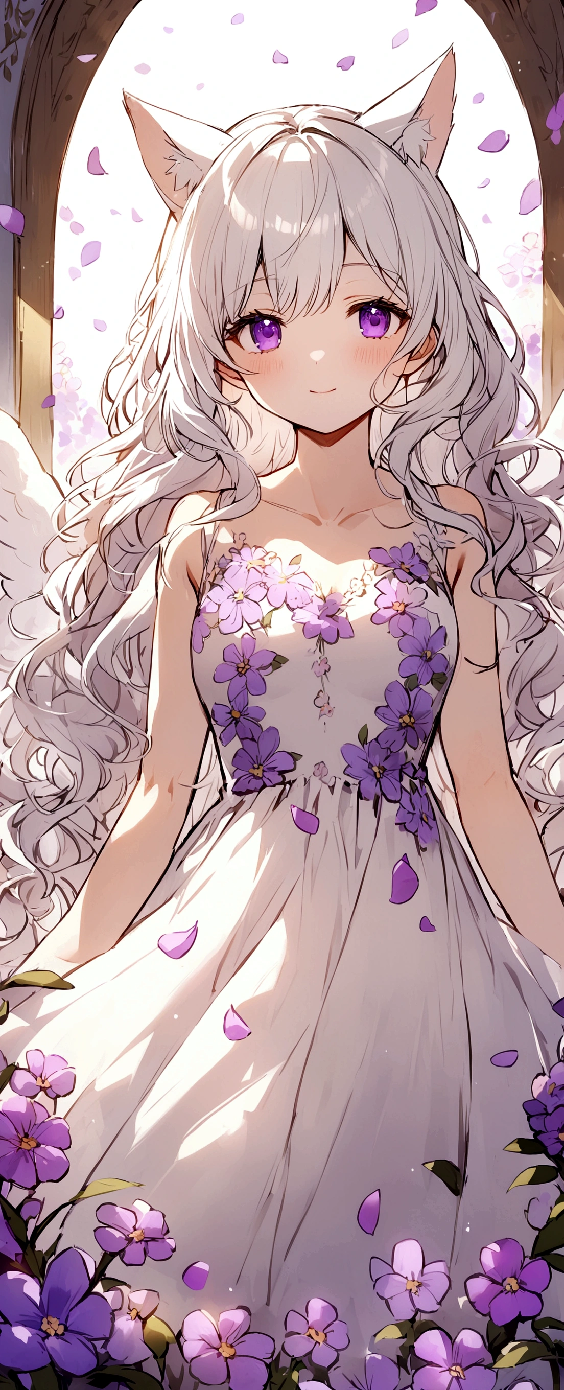 Wink,Long Wavy Hair,White hair is very attractive, Detailed and precise manual work, Attractive girl, White cat ears,Purple eyes and white eyelashes,light in your eyes,Big angel wings,Great light,A subject that stands out in a flower field, Petals flutter,A delicate white dress with purple floral print, Hand-drawn illustration,Wide background,