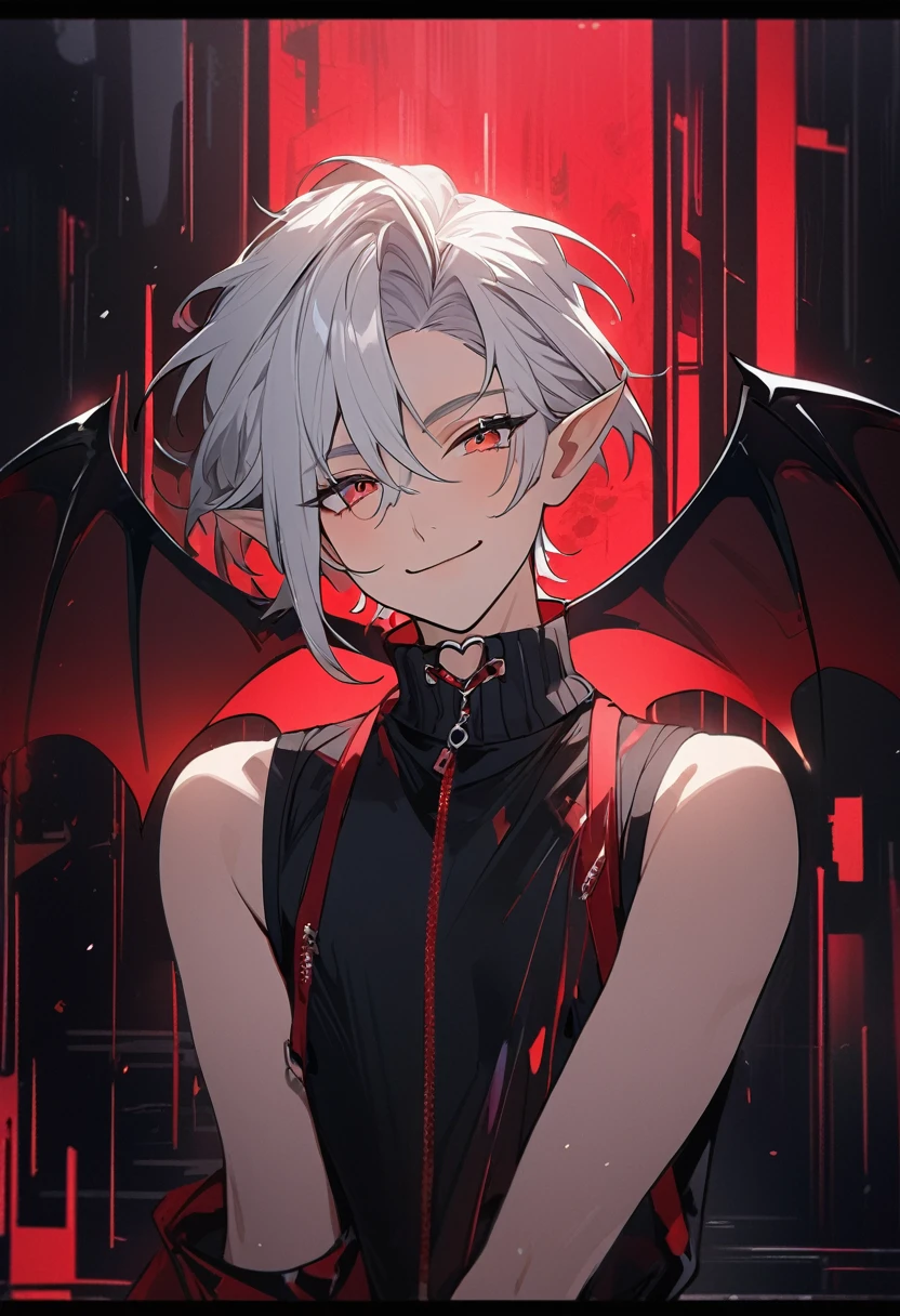 (arte anime, work of art, best qualityer, 4K, Icon), Tall and Very Handsome Elf Boy, Short White Hair, Stellar Red Eyes, Cute Bat Wings Behind the Back in Pink, Fitted Body Blouse with Sleeveless Roll Collar in Black with Red Outline Zipper from Top to Bottom, Black Heart Choker, Black Sweatshirt Over Loose Elbow Length, Red Glitch Distorted Reality Background, masculine, elf boy, handsome male, Hand Touching Cheek, sweet smile, winking an eye.