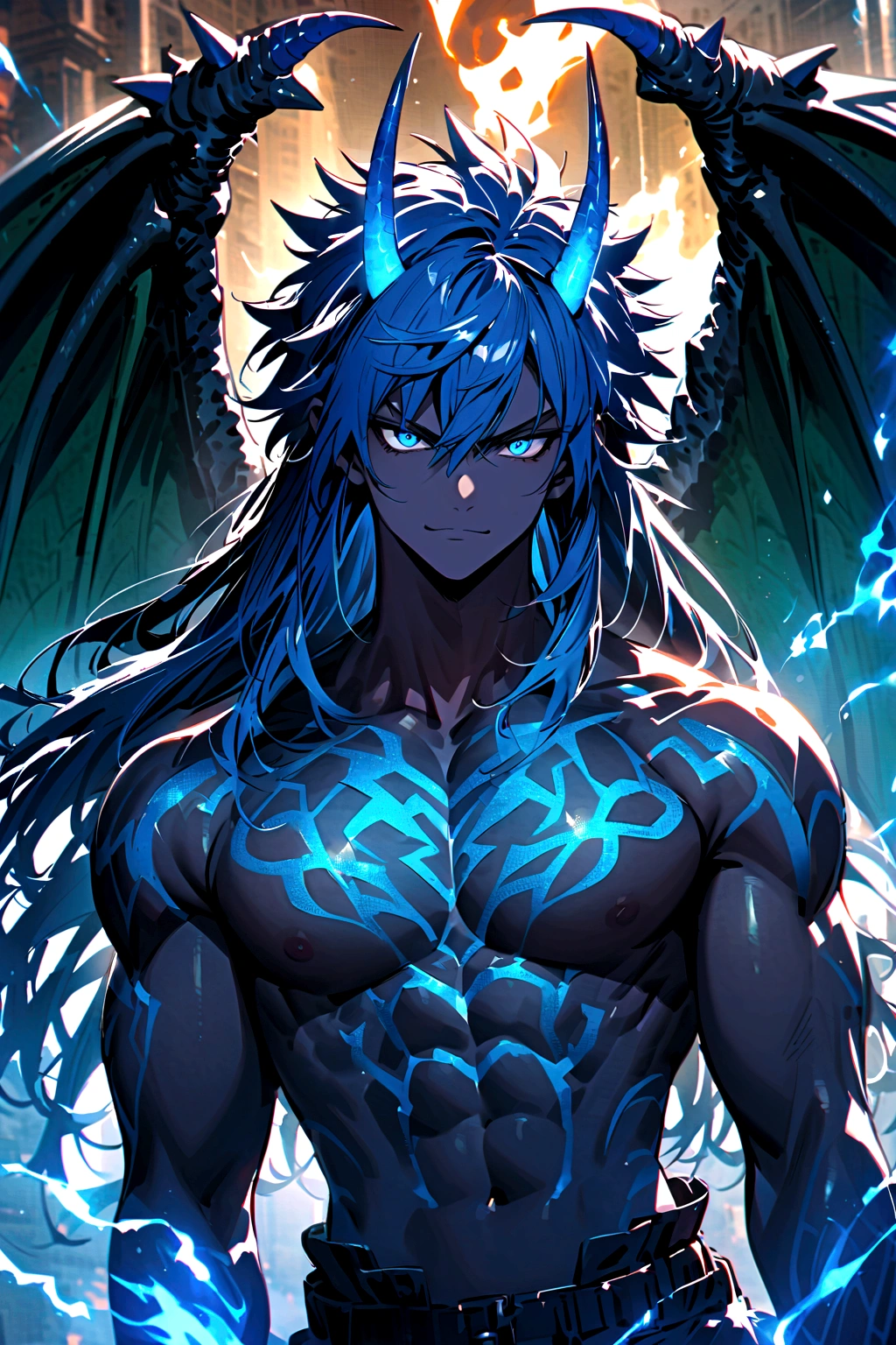 Teenage boy, spiky hair, long hair, bright blue hair, shining blue eyes, serious face, Simple smile, dark blue skin, muscular chest, pair of blue horns, Dragon Wings, tattoos on the body, electric aura