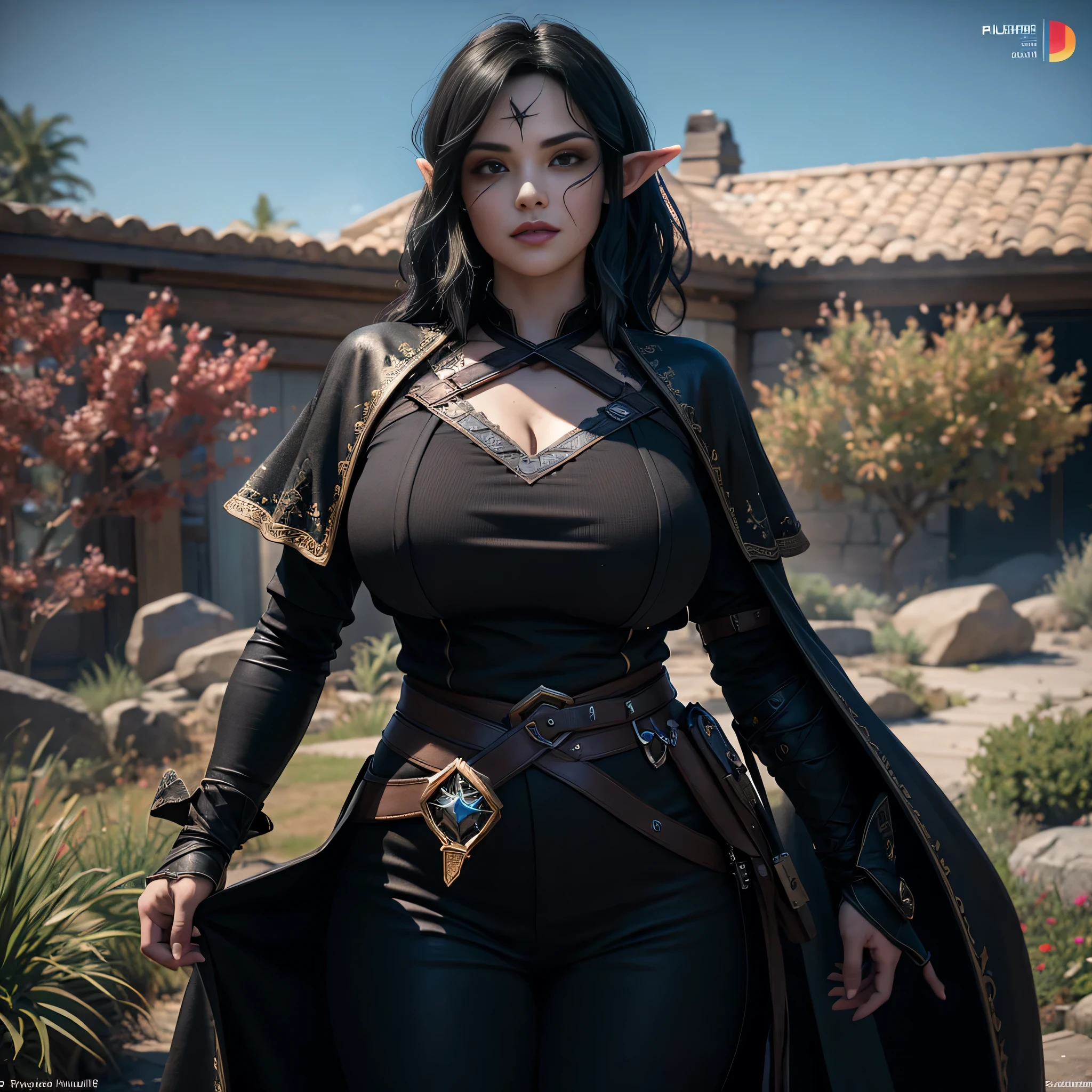 ((Best quality)), ((masterpiece)), (detailed: 1.4), 3D, (half-elf sorceress), (black hair, purple eyes:1.5, pale brown skin), (black robe, purple sleeves, grey pants, black boots and black armbands), (huge tits, big booty, short, curvy), (heavy gothic makeup), HDR (High Dynamic Range),Ray Tracing,NVIDIA RTX,Super-Resolution,Unreal 5,Subsurface dispersion, PBR texture, Post-processing, Anisotropic filtering, Depth of field, Maximum clarity and sharpness, Multilayer textures, Albedo and specular maps, Surface shading, Accurate simulation of light-material interaction, Perfect proportions, Octane Render, Two-tone lighting,Wide aperture,Low ISO,White balance,Rule of thirds,8K RAW,