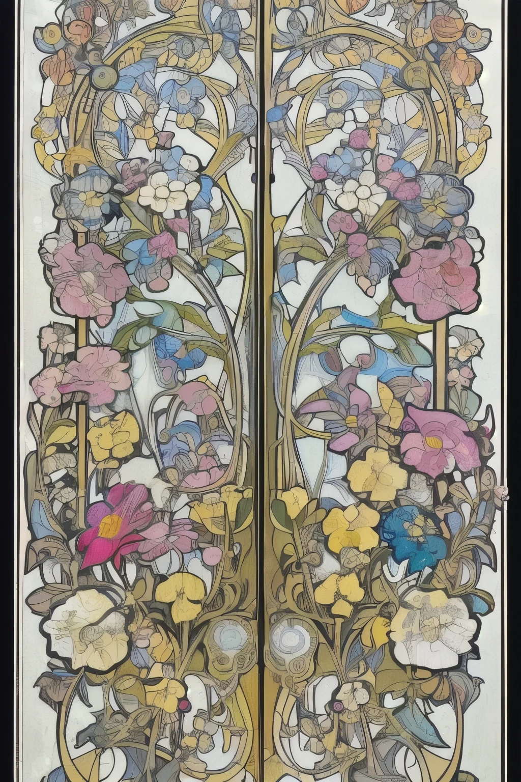 Flower Painting, Floral frame, Decorative panel, Abstract Art of Alphonse Mucha, sketchfab, 色や影のないLine artやシーン. (masterpiece, Better Quality, High resolution: 1.4), be familiar with, Intricate details, 4K, Color Splash, Line art, Fibonacci, 