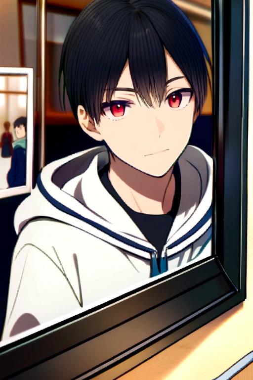 Anime boy ,Black hair ,Red eyes ,Hoodie ,Photo frames at school