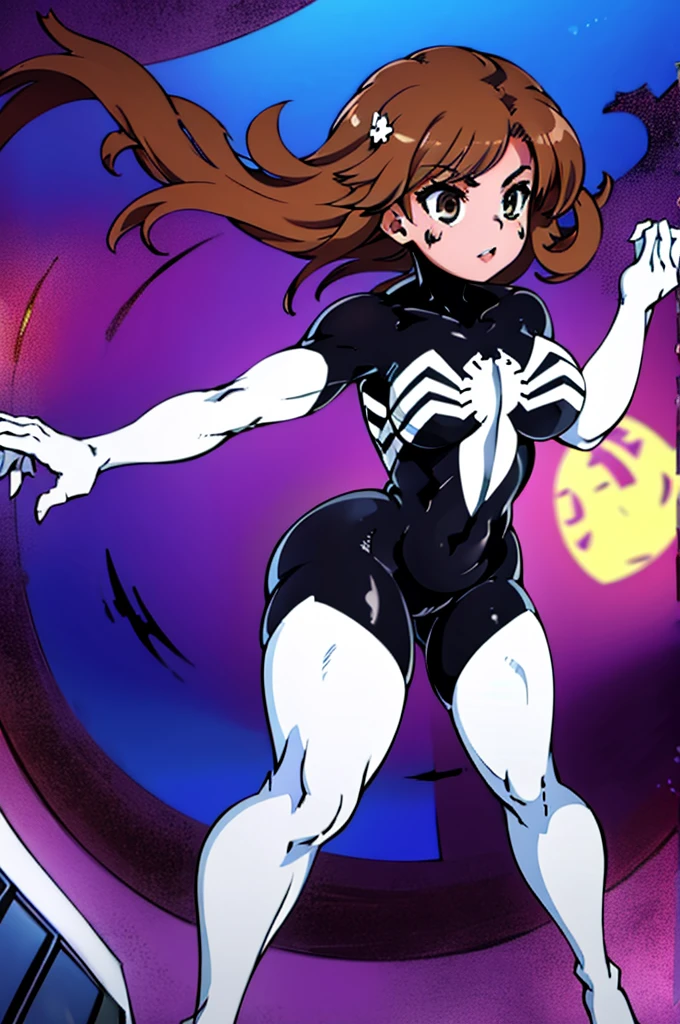 hyper detailed, ultra quality, super high res, professional anime style, best quality, ultra-detailed masterpiece, absurdres, beautiful detailed eyes, beautiful detailed lips, Room, hanging in mid air, perched on the wall, high above the floor, in wall crawling stance, spider man crouch, her fingers and toes gripping the surface effortlessly as she defied gravity. hooded bodysuit, spiderwoman , black bodysuit, sleek form-fitting black symbiote Spider-Woman suit, with a white spider emblem in her chest, long shoulder long white gloves and long thigh high white boots, head fully covered by black domino mask with big white eye lenses cover our eyes lenses with white visible one way see through patches fully covering our face as to not be recognized, her hair free out of the mask, beautiful eyes ,spiderwoman , black bodysuit,Misaka Mikoto/Sisters/Last Order, short medium length hair, brown hair, brown eyes, railgun, electromaster, beautiful eyes, beautiful lips, thin body, petite frame, small chest, small chest, kid, little woman, 