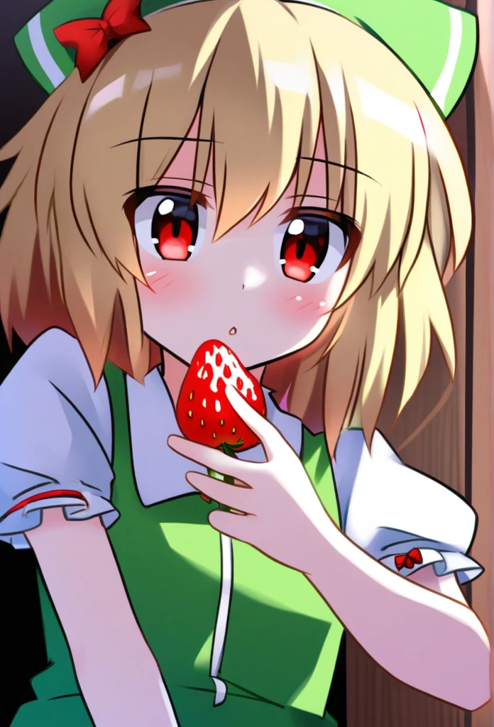 Touhou anime Blonde hair red eyes, girl, holding strawberry, Scarlet, Touhou