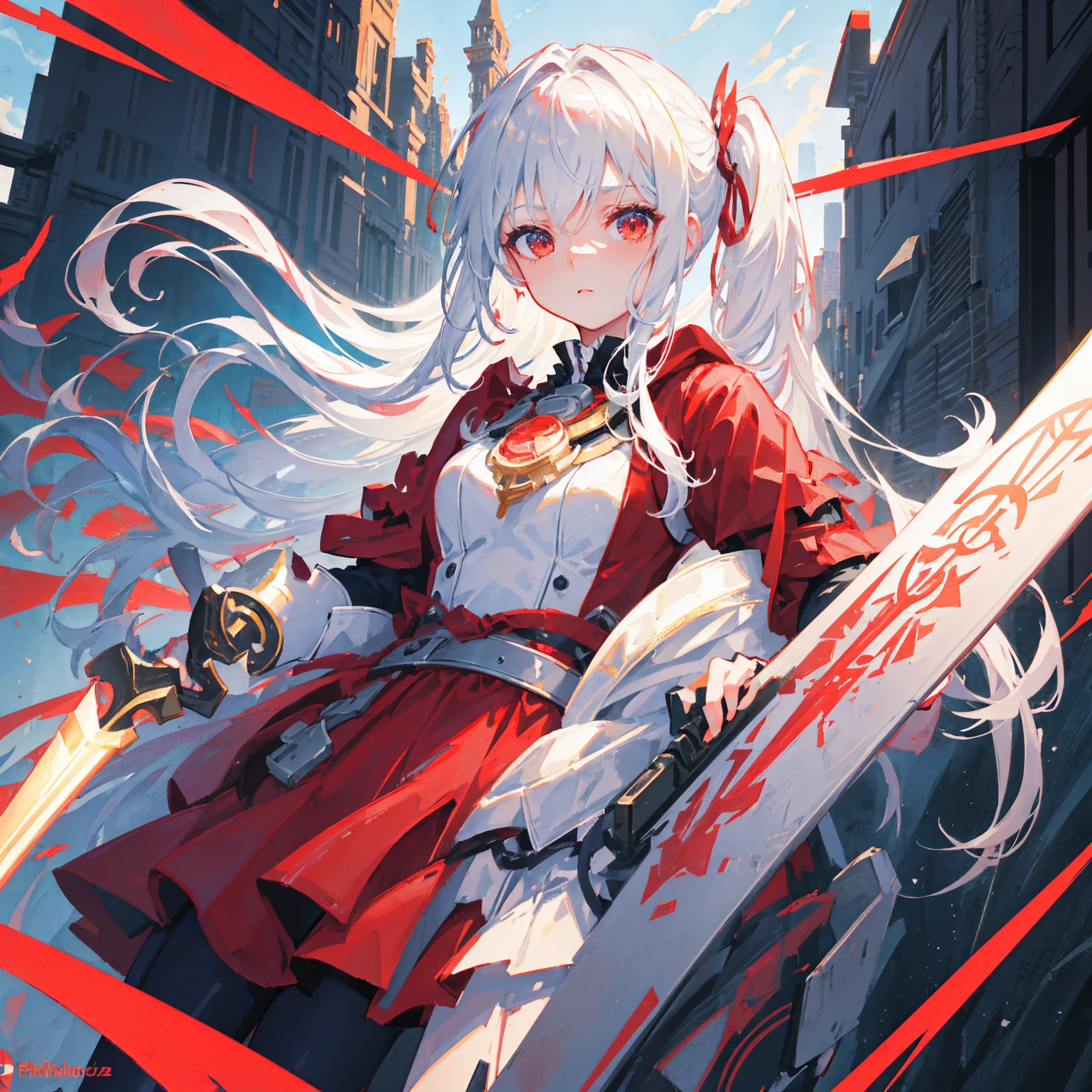 Wearing a red and white dress、anime girl holding sword, Highly detailed official artwork, Epic Light Novel Cover Art, epic Light novel cover art, Silver and red armor, guweiz on pixiv artstation, Anime style 4k, Detailed key animation art, Light novel cover art, Anime Fantasy Artwork,White hair and red eyes,Side Ponytail,Waist-length hair,1 Girl,Portraiture,Ark of Tomorrow