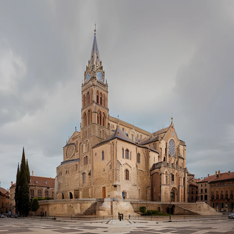 There is a large building with a clock tower in the middle of a square, Romanesque, Romanesque style, We are., church Cathedral, inspired by Bernard Daddy, cloicsonne, monserrat gudiol, Cathedral, imposing, by Bernard Daddy, gothic baroque citadel, by Antonio de la Gandara, by Pedro Álvarez Castelló, Monastery