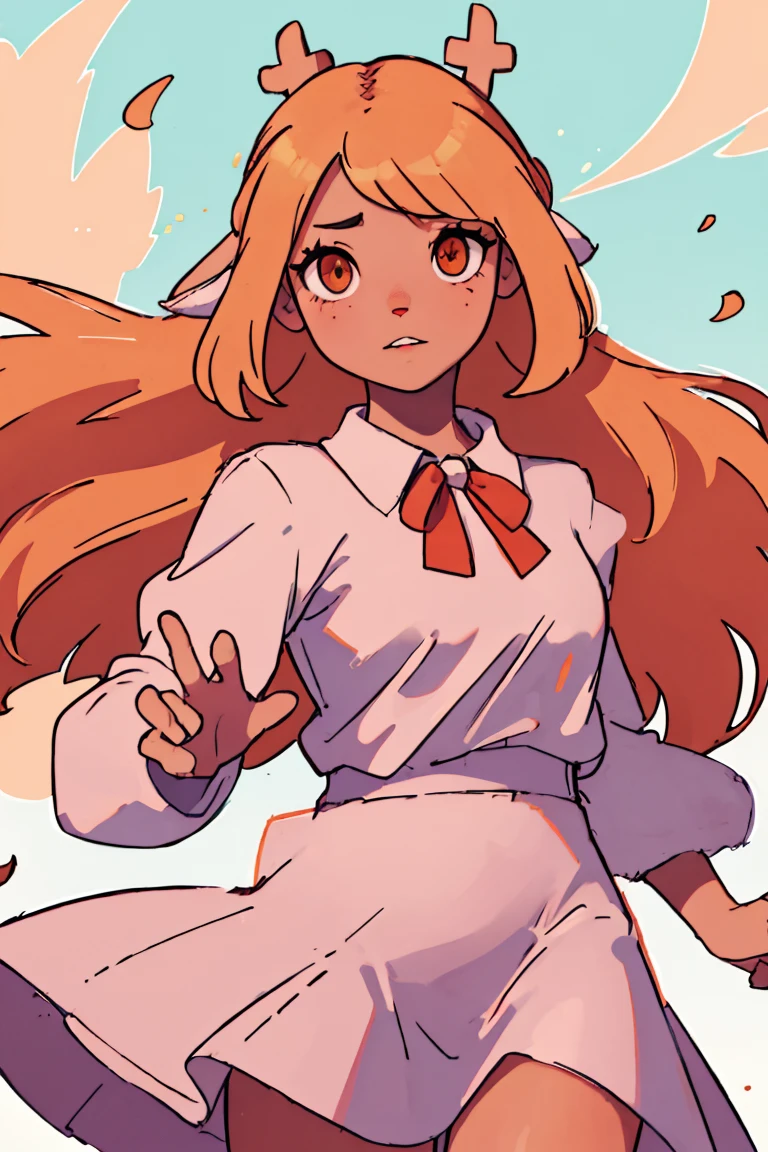 (best qualityer,4K,8K,high resolution,work of art:1.2),ultra detali,realisitic,portraite,Kizi,hair blonde,long hair,beautiful detailed eyes,beautiful detailed lips,White top,Red bow on neck,Short pink skirt,orange eyes,illustration style,swirly vibrant colors,warm hues,soft lighting,green garden background