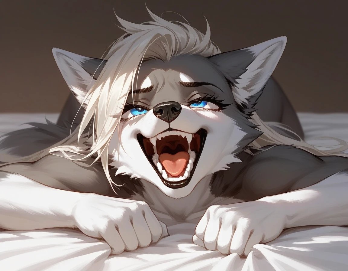 score_9,score_8_up,score_7_up, source_furry, a tall female wolf anthro, furry, gray snout, black nose, blue eyes, athletic body, short spiked undercut platinum blonde hair, black lips, wolf tail, wolf ears, lying on a bed, ahegao, portrait, clenched canine teeth, sharp canine teeth, front view, lying on back, (face focus), long hair, gray fur, grabbing sheets, happy, clenched teeth,