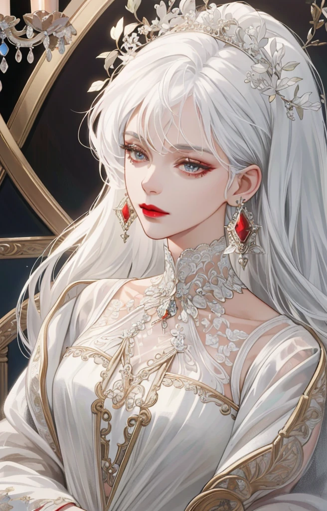(Extremely Delicate and Beautiful:1.2), 8K ,(Masterpiece:1.0),(best_quality:1.0), 1girl, mature woman, complex details, enlarged textures, complex details, finely detailed eyes and detailed face, intricate details, white hair, (closed mouth), perfect eyes, equal eyes, (goddess), perfect body, extremely detailed, red lipstick, upper body, chandelier earrings
