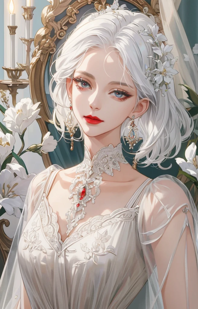 (Extremely Delicate and Beautiful:1.2), 8K ,(Masterpiece:1.0),(best_quality:1.0), 1girl, mature woman, complex details, enlarged textures, complex details, finely detailed eyes and detailed face, intricate details, white hair, (closed mouth), perfect eyes, equal eyes, (goddess), perfect body, extremely detailed, red lipstick, upper body, chandelier earrings 