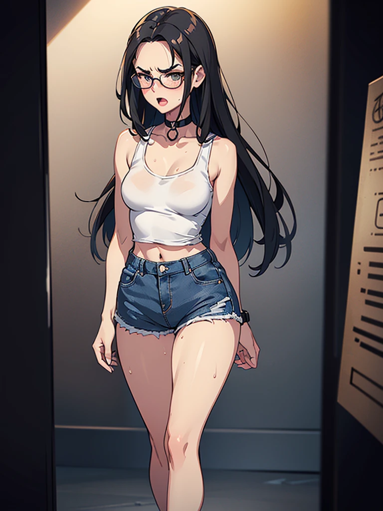 (((solo))), mature woman, High quality, highly detailed, masterpiece, RAW photo, best quality, (thin waist), ((thin hips)), black hair, ((loose hair)), (open forehead), big lips, (oval shape face), (shy), cinematic lighting, lush illumination, (thin arms), (thin legs), (huge rectangle glasses), (big brows), ((small breasts)), muted colors, (very blushed), (grumpy), ((simple background)), ((choker)), ((looking at camera)), (long white tanktop), (short jeans shorts), (wide open mouth), sneakers, (runs to left), (sweat), (full size view), (SFW)