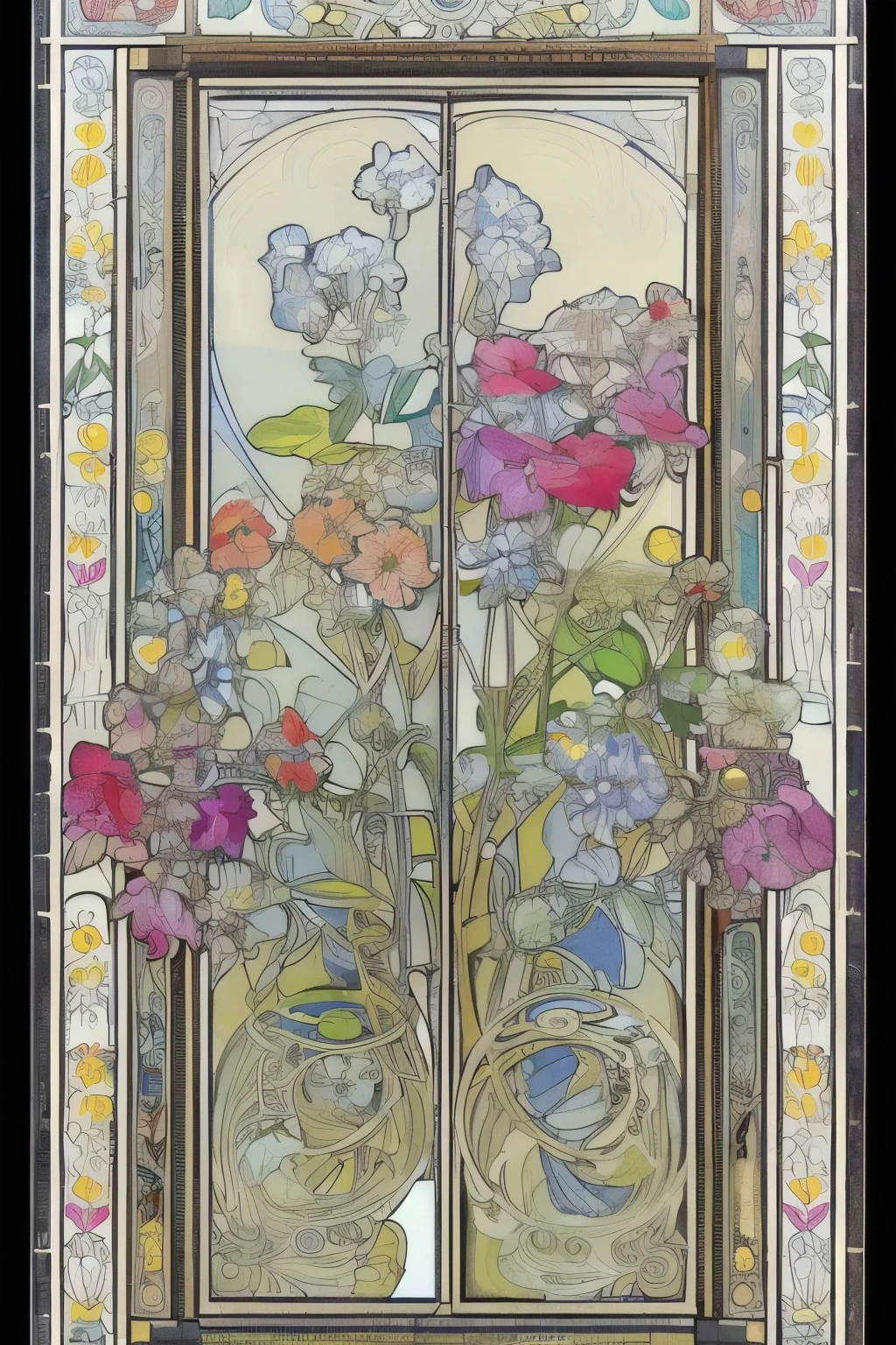 Flower Painting, Floral frame, Decorative panel, Abstract Art of Alphonse Mucha, sketchfab, 色や影のないLine artやシーン. (masterpiece, Better Quality, High resolution: 1.4), be familiar with, Intricate details, 4K, Color Splash, Line art, Fibonacci,