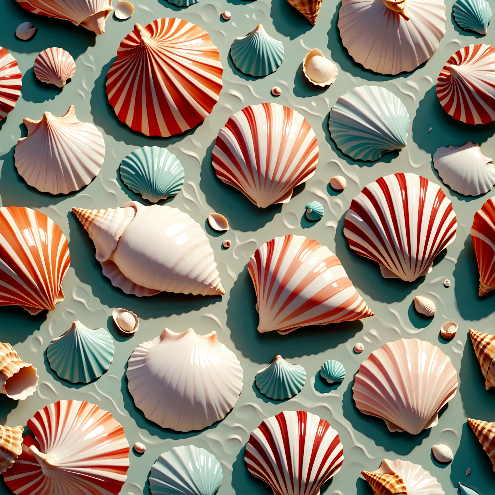 seashell pattern, （（（seamless tile）））, regularly spaced, intricate design, organic shapes, natural textures, pastel colors, soft lighting, minimalist style, high detail, masterpiece, 8k, photorealistic