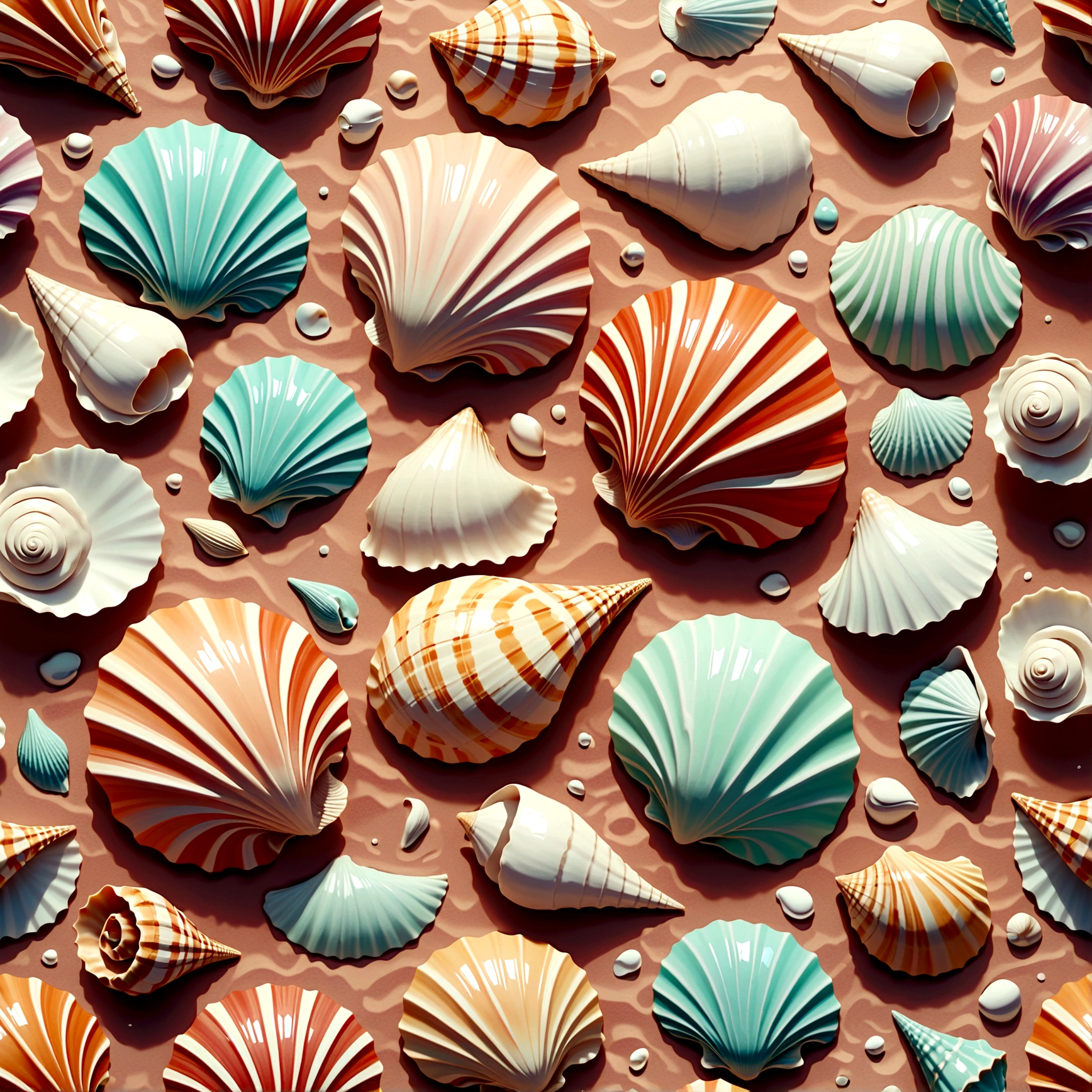 seashell pattern, (((seamless tile))), regularly spaced, intricate design, organic shapes, natural textures, pastel colors, soft lighting, minimalist style, high detail, masterpiece, 8k, photorealistic