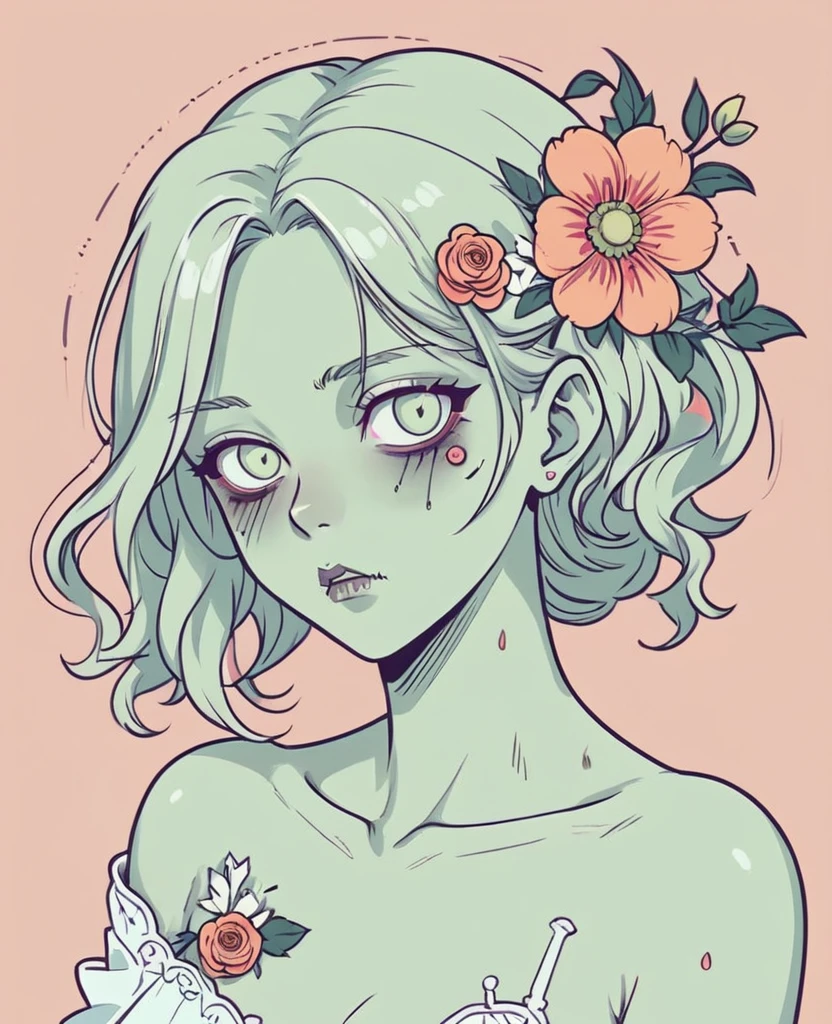 Zombie girl with flowers in her hair, Vector Art, Flattening, smooth line art, Minimalism, graphic design aesthetics, flat illustration, (masterpiece, best quality, perfect composition, very aesthetic, absurdres, ultra-detailed, intricate details, Professional, official art, Representative work:1.3)