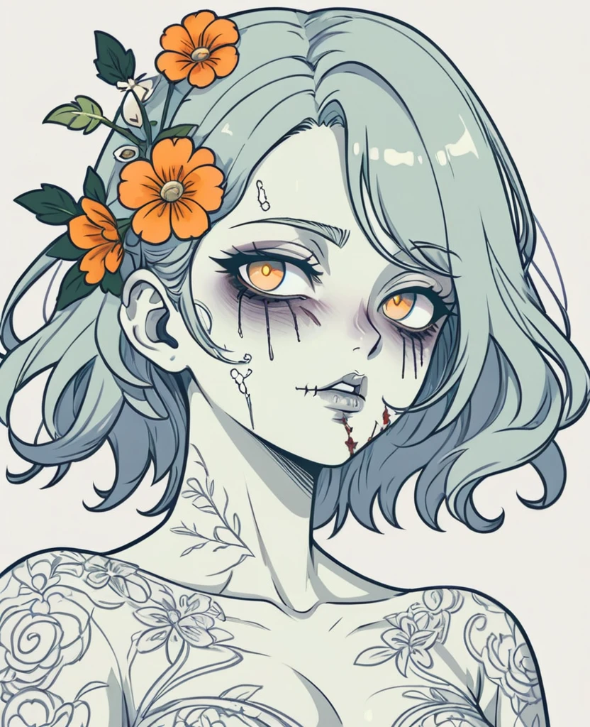 Zombie girl with flowers in her hair, Vector Art, Flattening, smooth line art, Minimalism, graphic design aesthetics, flat illustration, (masterpiece, best quality, perfect composition, very aesthetic, absurdres, ultra-detailed, intricate details, Professional, official art, Representative work:1.3)