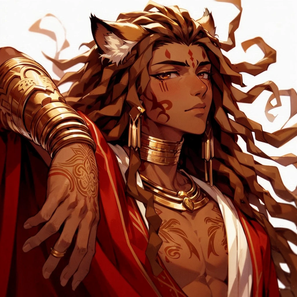 line-less manga style, anime, semi realistic, Baroque Anime Art Style, Male, African American, Lion ears and tail, tribal sandy brown locs, Straight Nose, Full Lips, Thick Full Hair, Deep-Set half-lidded cat like Eyes, strong angular jawline, Arabian drapery red fabric, tribal pride tattoos, Golden neck armor, golden wrist guards, golden arm jewelry, Greek aesthetic, Arabian clothing