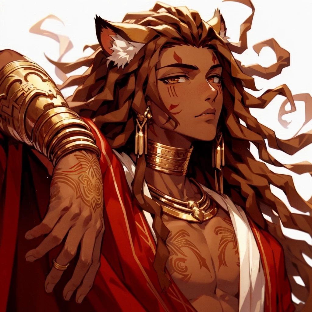 line-less manga style, anime, semi realistic, Baroque Anime Art Style, Male, African American, Lion ears and tail, tribal sandy brown locs, Straight Nose, Full Lips, Thick Full Hair, Deep-Set half-lidded cat like Eyes, strong angular jawline, Arabian drapery red fabric, tribal pride tattoos, Golden neck armor, golden wrist guards, golden arm jewelry, Greek aesthetic, Arabian clothing