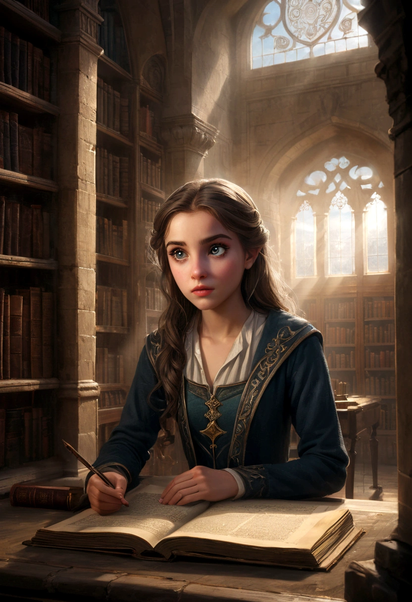 a girl reading an ancient scroll in the library of the castle,1girl,beautiful detailed eyes,beautiful detailed lips,extremely detailed eyes and face,longeyes lashes,hogwarts,magic,fantasy,intricate details,ornate decorations,chandelier overhead,dusty bookshelves,sunlight streaming through windows,dramatic lighting,rich colors,oil painting,digital art,highly detailed,photorealistic,8k,masterpiece,cinematic,dramatic