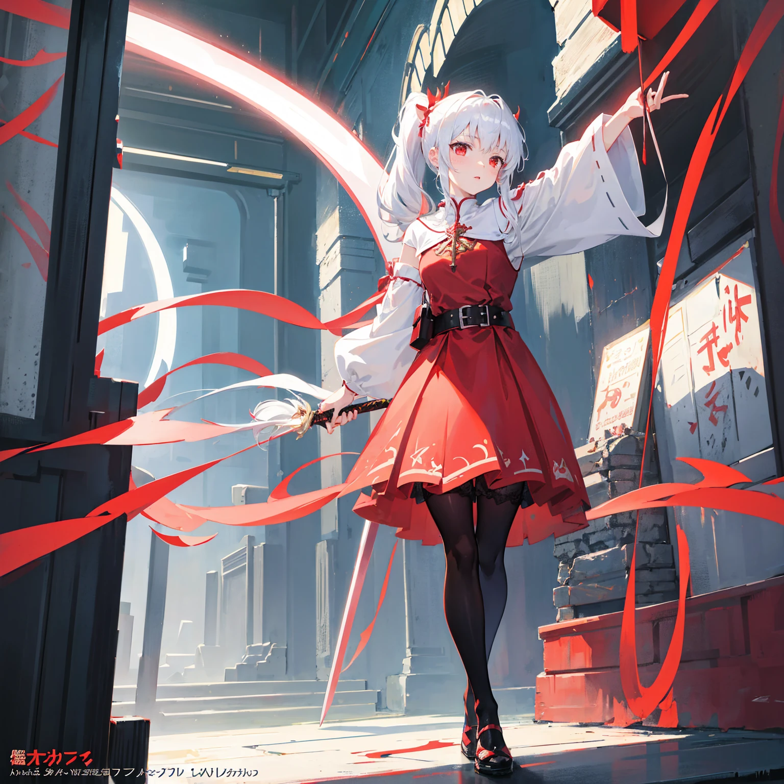 Wearing a red and white dress、anime girl holding sword, Highly detailed official artwork, Epic Light Novel Cover Art, epic Light novel cover art, Silver and red armor, guweiz on pixiv artstation, Anime style 4k, Detailed key animation art, Light novel cover art, Anime Fantasy Artwork,White hair and red eyes,Side Ponytail,Waist-length hair,1 Girl,Portraiture