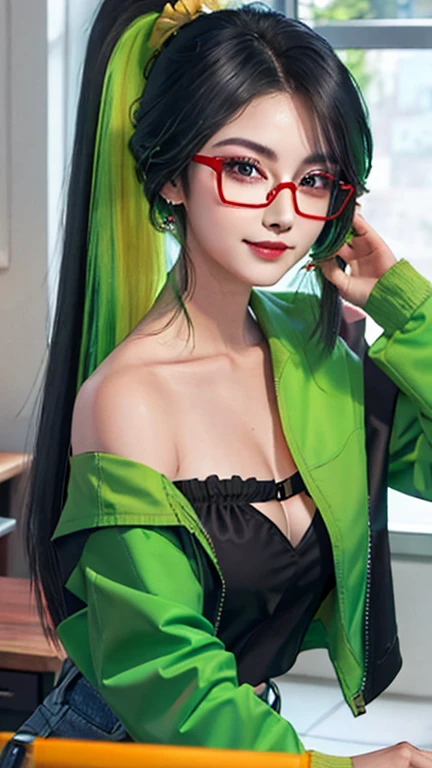 Long ponytail hairstyle，black hair and green hair, decorationsผมสวยๆ, , colored contact lenses(Shelley Greg）,  Eye color is light green,Wear red glasses., Medium bust, Smiling faces, decorations（earring）, Wear a printed strapless shirt., black jacket，modern, chiaroscuro, light, Nikon, 85mm, High quality, 8K, best quality, very detailed