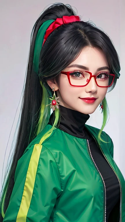 Long ponytail hairstyle,black hair and green hair, decorationsผมสวยๆ, , colored contact lenses(Shelley Greg), Eye color is light green,Wear red glasses., Medium bust, Smiling faces, decorations(earring), Wear a printed strapless shirt., black jacket,modern, chiaroscuro, light, Nikon, 85mm, High quality, 8K, best quality, very detailed