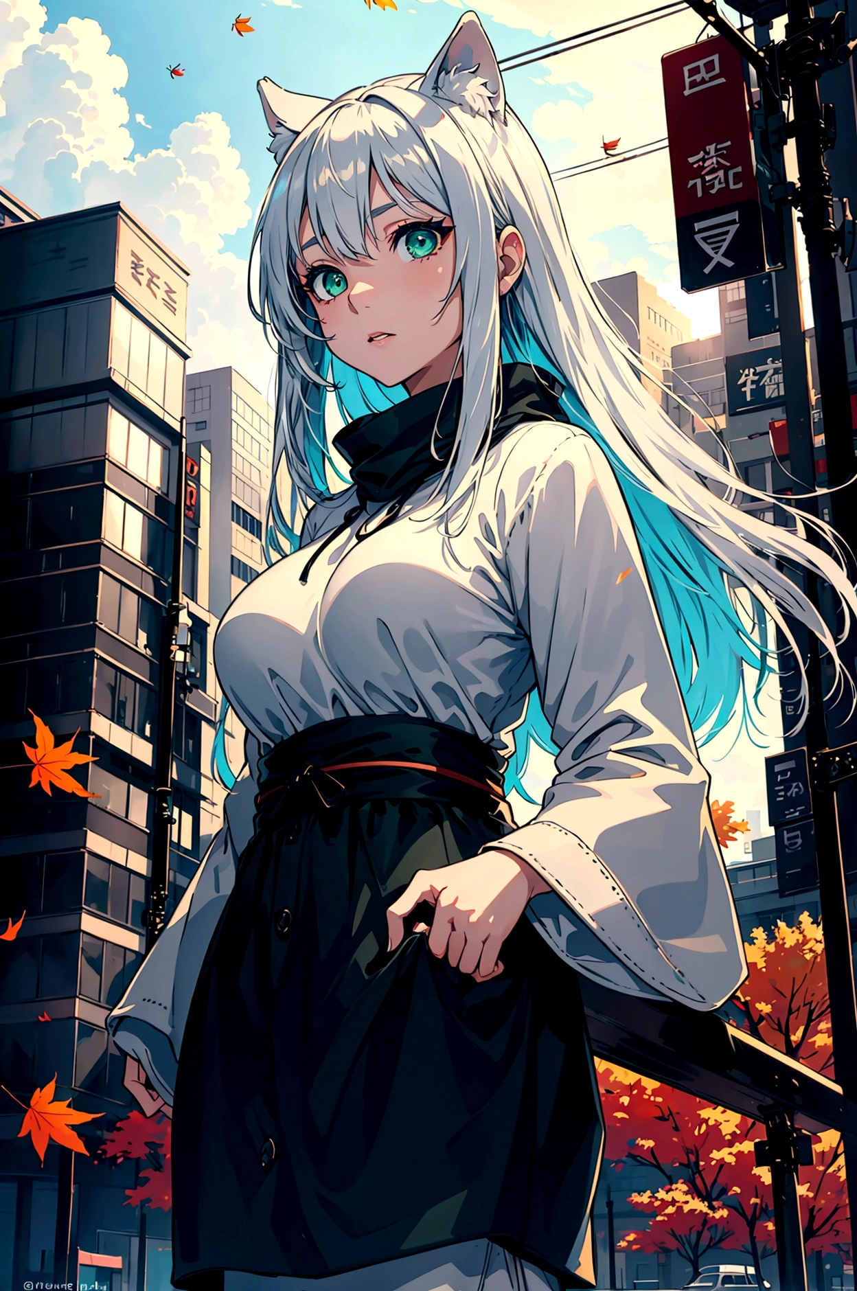 japan, highres, highest quallity, illustration,  ultra detailed, (detailed face), (detailed eyes), soft lighting, best quality, hazy glow, dreamy atmosphere, hyper detailed, masterpiece, 1girl, solo, silver hair, green eyes, knitwear, luminous eyes, medium breasts, (colorful), cowboy shot, from below, outdoors, morning, clouds, tall buildings in background, industrial, public transportation, urban, concrete buildings, concrete, sidewalk, busy, trees, autumn, falling leaves,