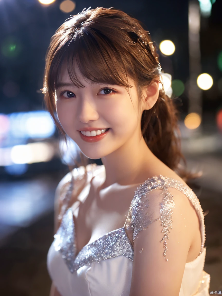 1 Girl, (Wearing a white glitter dress:1.2), (RAW Photos, Highest quality), (Realistic, Photorealistic:1.4), Tabletop, Very delicate and beautiful, Very detailed, 2k wallpaper, wonderful, finely, Very detailed CG Unity 8K 壁紙, Very detailedな, High resolution, Soft Light, Beautiful detailed girl, Very detailed目と顔, Beautiful and detailed nose, finelyて美しい目, Cinema Lighting, City lights at night, Perfect Anatomy, Slender body, smile