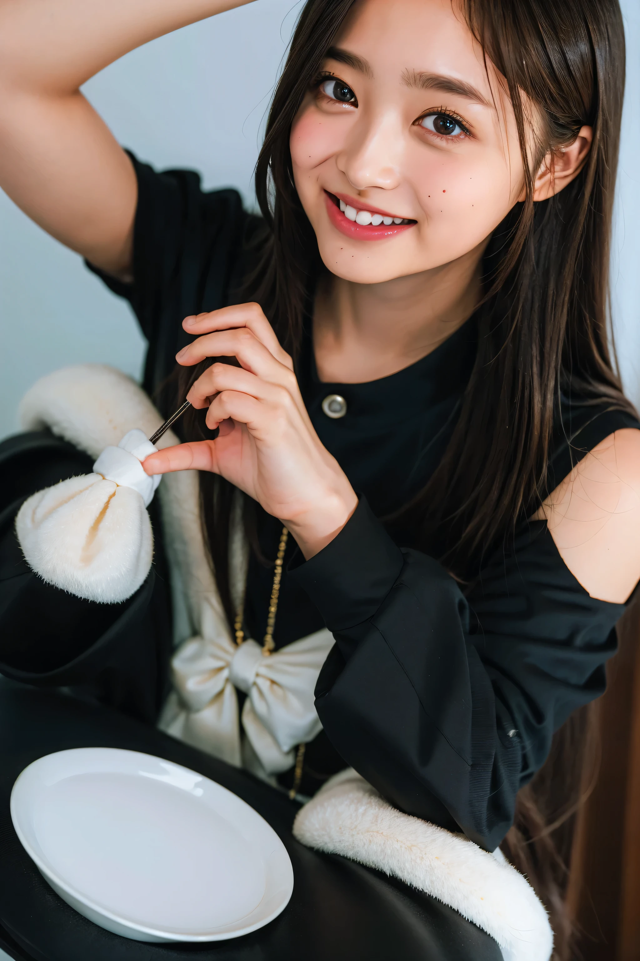 (((upper body shot))),Ultra-high resolution,big eyes,((brown eyes)),Japanese,(forehead),(a girl),(1 girl),(()),(cute),pretty,((facing at viewer)),arms behind back,grin,(((black clothes)))