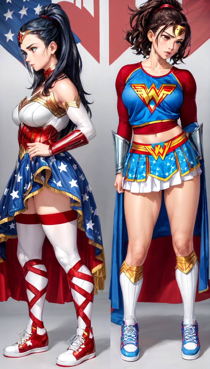 a pair of women dancer's trainers. very High top. reinforced extended top. featuring a wonder woman design theme. soft material. chunky sole. stars and stripes under sole