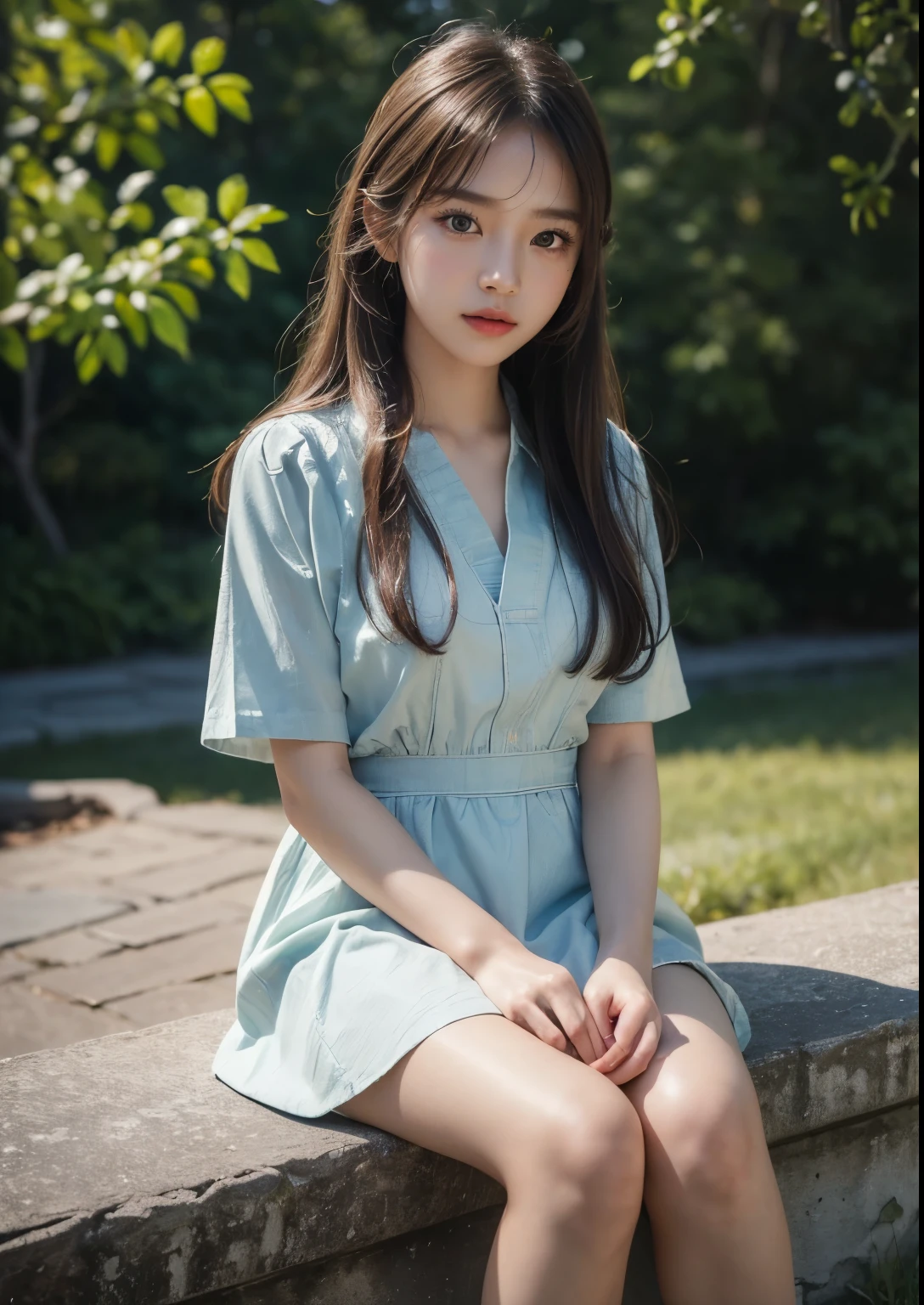(Masterpiece: 1.3), (8k, realistic, RAW photo, best quality: 1.4), young Korean girl, depicting the beauty, Best quality, high resolution, masterpiece, best detail, 8k, close-up, to create a simple and unique image, .create art that touches the heart and inspires a deep spiritual connection, Above knee length unique dress,