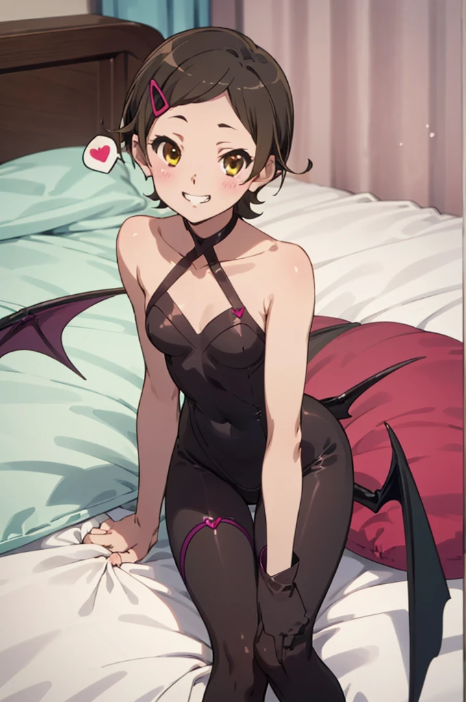 ,,(petite), 1girl, looking at viewer, , hazuki katou,,,, ,on bed,,blush,(spoken heart),,small breain,,(((succubus costume)))