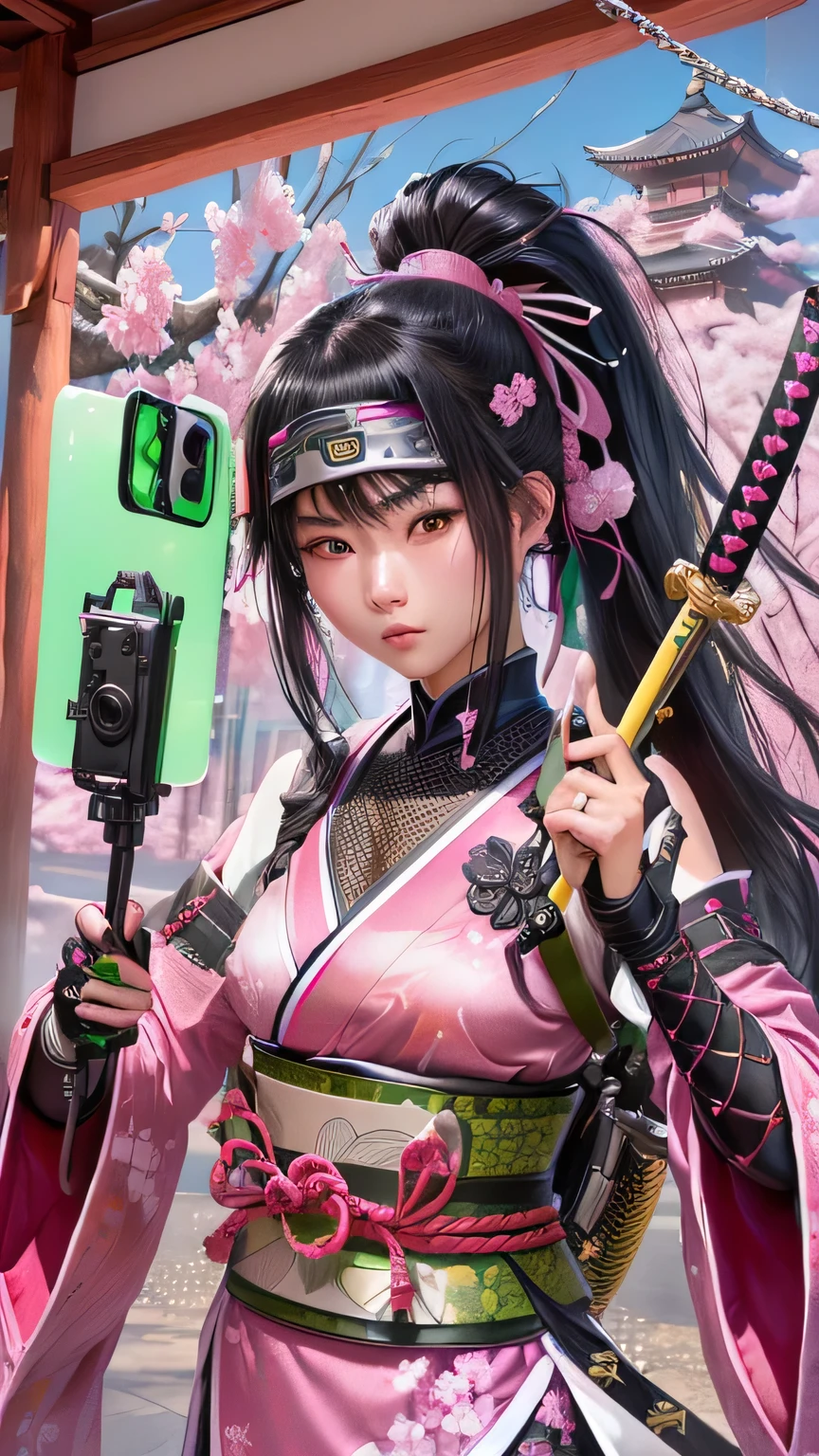 Realistic live-action、Skin texture like a professional photographer、Yellow-green mobile phone、Close-up of a 16-year-old Japanese female holding a selfie stick, Photorealistic 4k, ig model | art gelm, extremely detailed art gelm, Amazing photo 8k, Pop Japonism 3d Ultra Detailed, Very beautiful ninja、Black hair ponytail hairstyle、Pink kimono、The shoulders have exposed skin、Wearing chain mail、The arms are equipped with gloves、Carrying a Japan sword on his back、