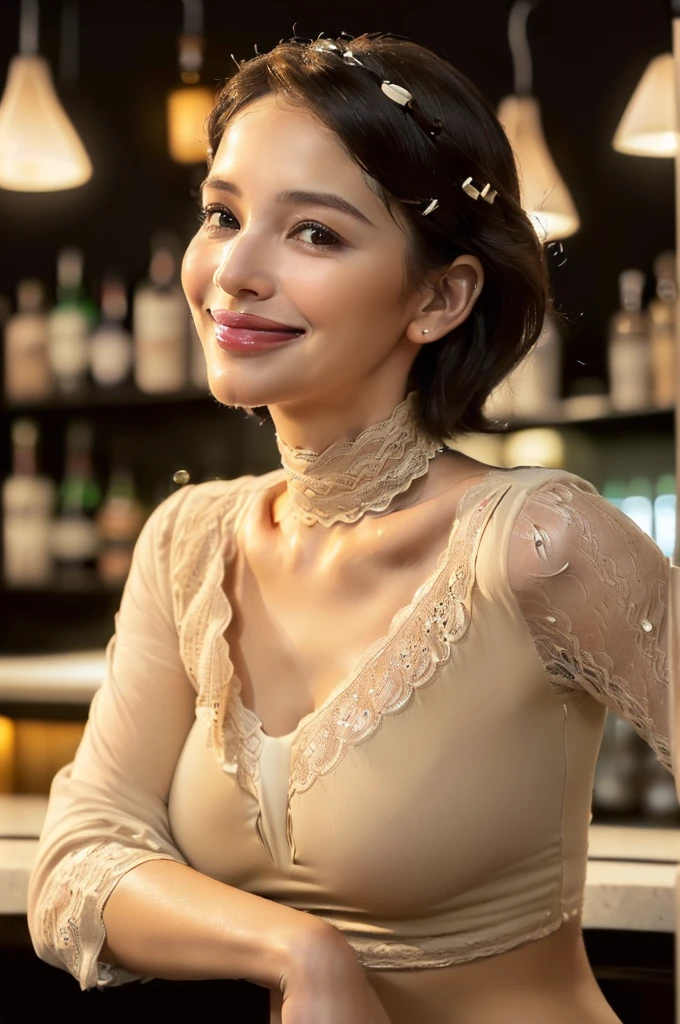 (((Ultimate Photorealistic, ultimate high-quality 32k photo))),(((American-shot photo taken from the front, looking at viewer seriously ))),(((( Seductive pose, 7 heads、Staring Intently :1.8)))),(((A simple and elegant short-sleeved business blouse made of beige lacy, extremely thin fabric with a wide V-neck., Soaking wet、She is looking straight at the camera with a very shy look on her face.。light makeup、elegant black wet middle bob。An elegant and simple beige very thin choker.:1.4)))。((Highest quality)), ((masterpiece)), (((detailed))), (midnight ,Modern hotel bar on a dark pouring stormy night,Sitting on a bar stool、 Low Key Lighting:1.6)、(((A very beautiful, extremely elegant and intelligent 42 year old Japanese woman。A feminine, curvaceous body。Beautiful line from hips to thighs、An extremely elegant, calm and modest smile, Being drunk、My eyes are extremely watery、I'm very horny、embarrassed ,blush, Curvy Body、Extremely realistic, detailed and beautiful depiction of the face, waist and thighs:1.9)))、(((The skin is white and very smooth。A very hot rainy summer night、I'm pretty sweaty、My clothes were soaked and pretty see-through.、When wet, it sticks tightly to the skin, revealing the beautiful lines of the body.、The skin is clearly visible through the extremely thin fabric.:1.9)))。(((A simple and elegant business pencil skirt in a plain navy blue knee-length,The clothes fit the body very well:1.8))), ((Healthy Body、The line of the chest, collarbone and extremely beautiful and feminine décolleté are the ultimate beauty.:1.9))。(((large&good hips、large&nice chests )))