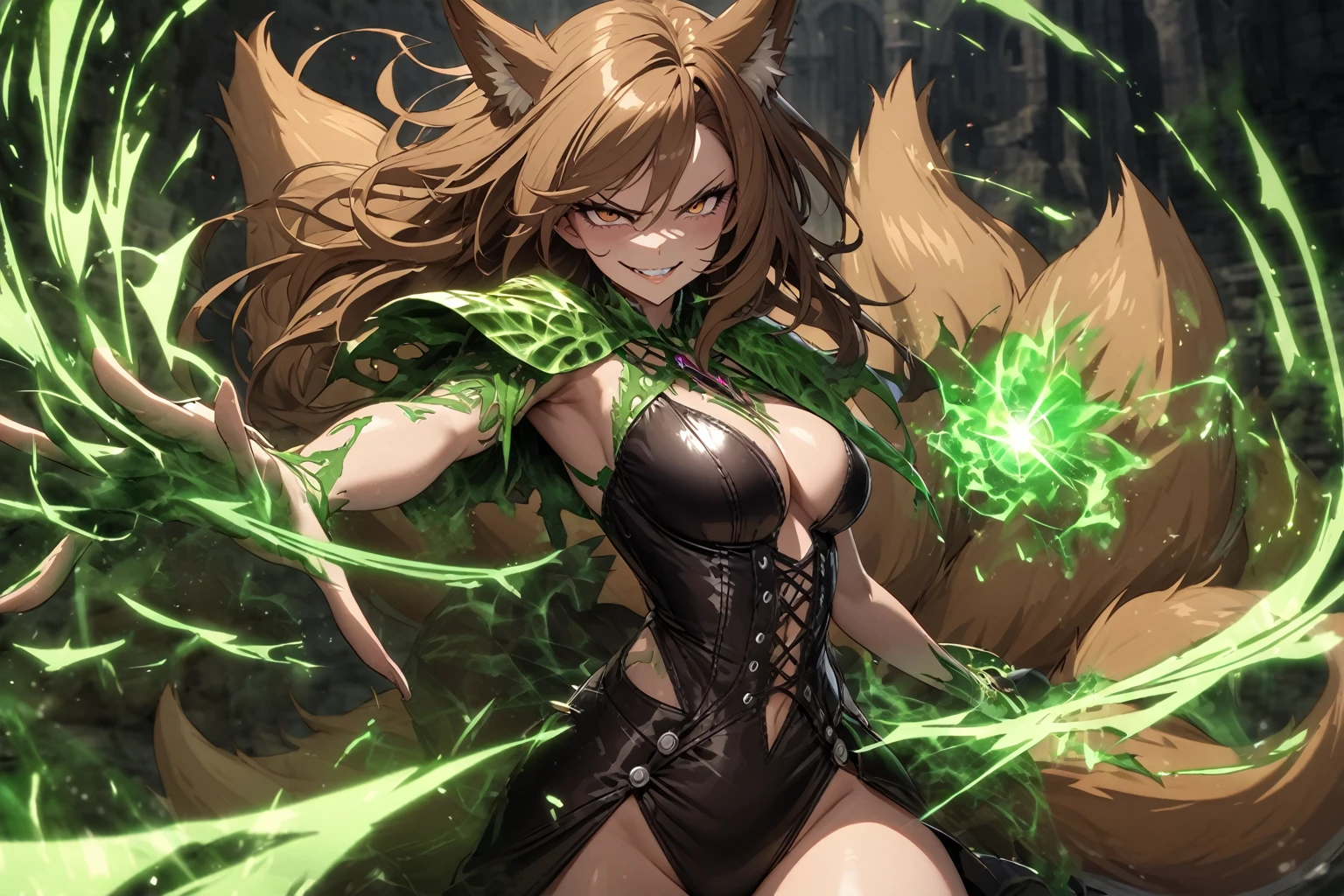 hand drawing, high detail, Kitsune sorceress as the end boss for a dungeon, using magic to attack the heroes, sexy leather dress,, brown hair, brown eyes, evil smile, green magic, foxtail