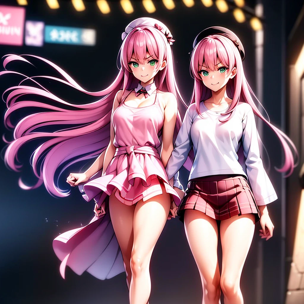 ​masterpiece, top-quality, 1girl, A pink-haired,verd s eyes, length hair,(tiny chest),Standing at street, (Collar T-shirt), Underwear straps, Pink skirt, front-facing view, is standing,City Night, neon light, Background Streets of Tokyo, taxis, date, full of shyness, Hats, hands behind back,smile,Face directly ahead,whole body,1人