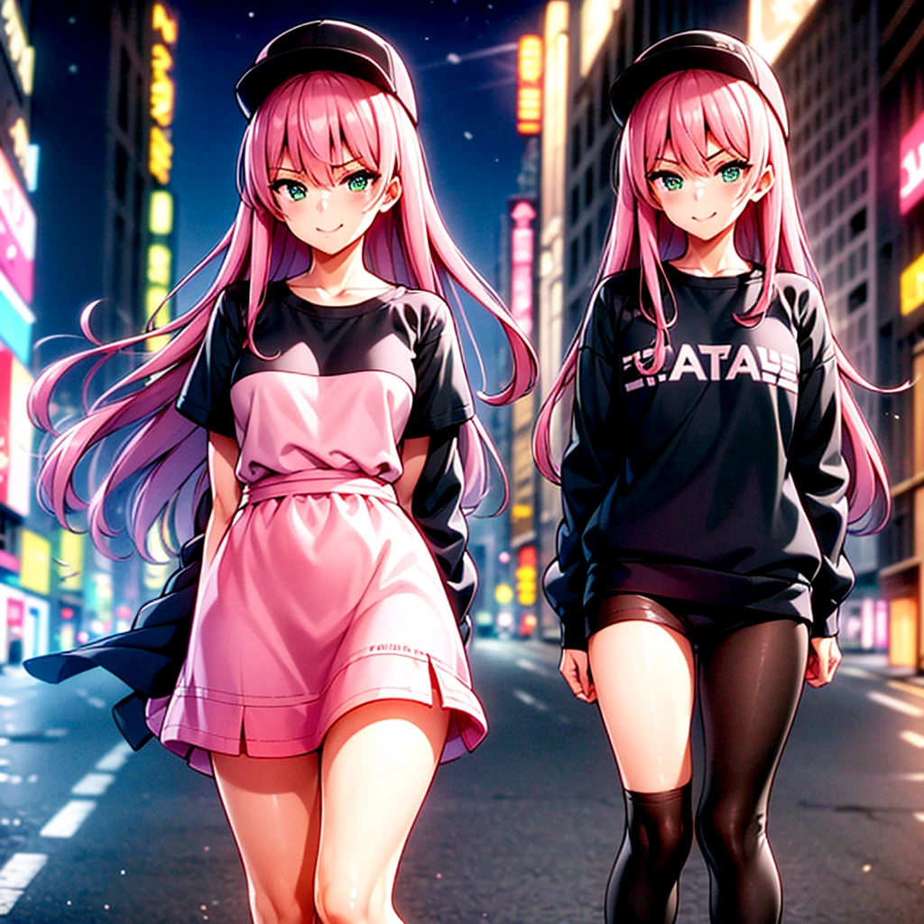 ​masterpiece, top-quality, 1girl, A pink-haired,verd s eyes, length hair,(tiny chest),Standing at street, (Collar T-shirt), Underwear straps, Pink skirt, front-facing view, is standing,City Night, neon light, Background Streets of Tokyo, taxis, date, full of shyness, Hats, hands behind back,smile,Face directly ahead,whole body,1人